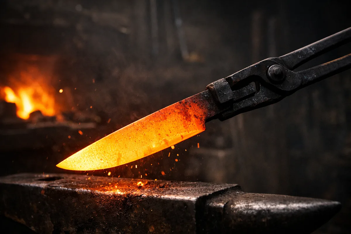 A glowing orange-red blade held by tongs on an anvil during heat treatment