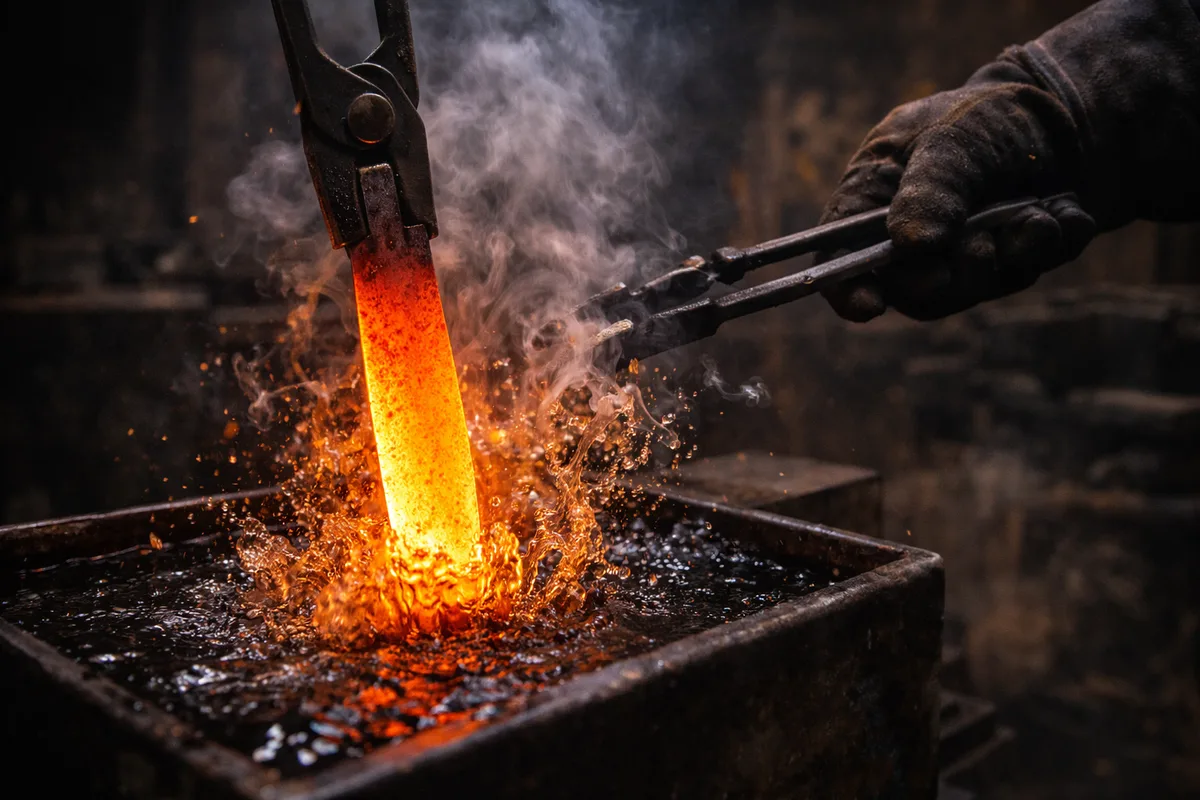 Quenching a red-hot blade in oil with sparks and steam